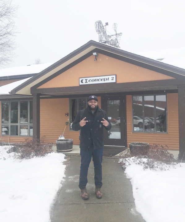 Arshay Cooper in front of Concept2's Morrisville, VT USA headquarters. November 2019.
