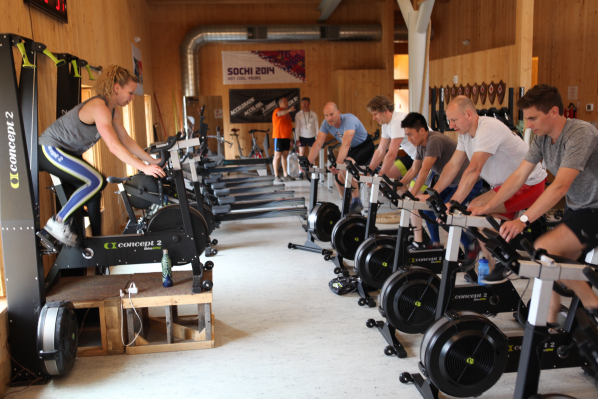 Concept2 trainer Cady leads a group BikeErg class