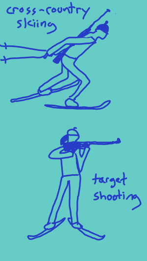 Illustration of cross-country skiing and target shooting.