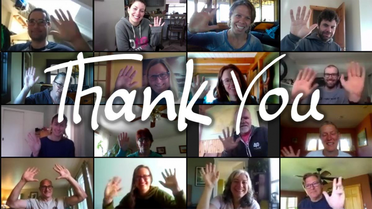 The Concept2 team says thank you to all of our customers! Waving while on a Zoom call.